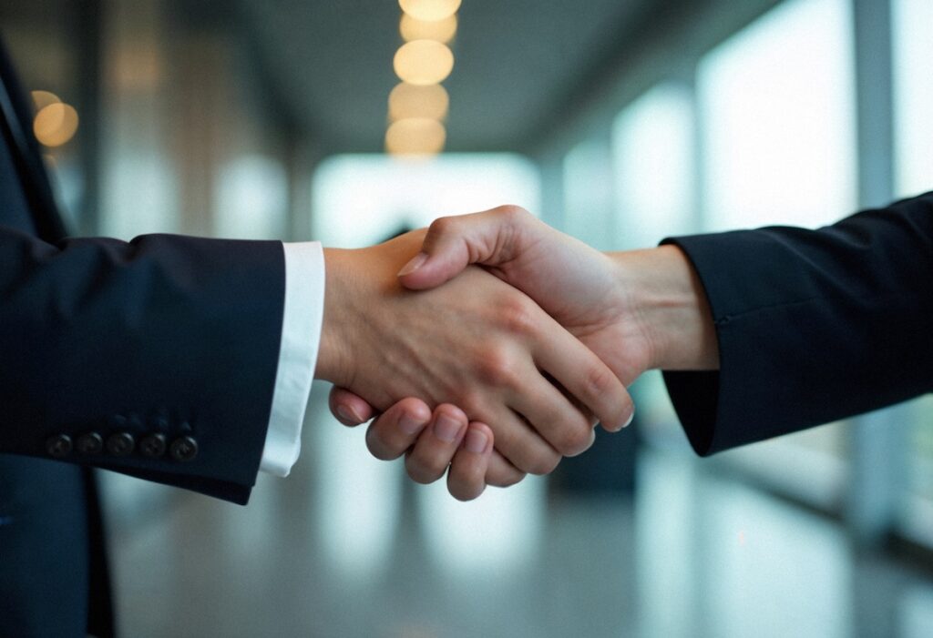 handshake two people business suits symbolizing successful agreement